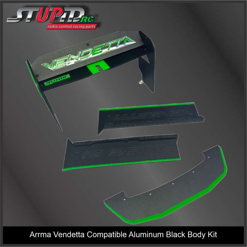 ARRMA Vendetta Aluminum BLACK Kit - Rear Wing, Bottom Plate and Side Skirts GREEN